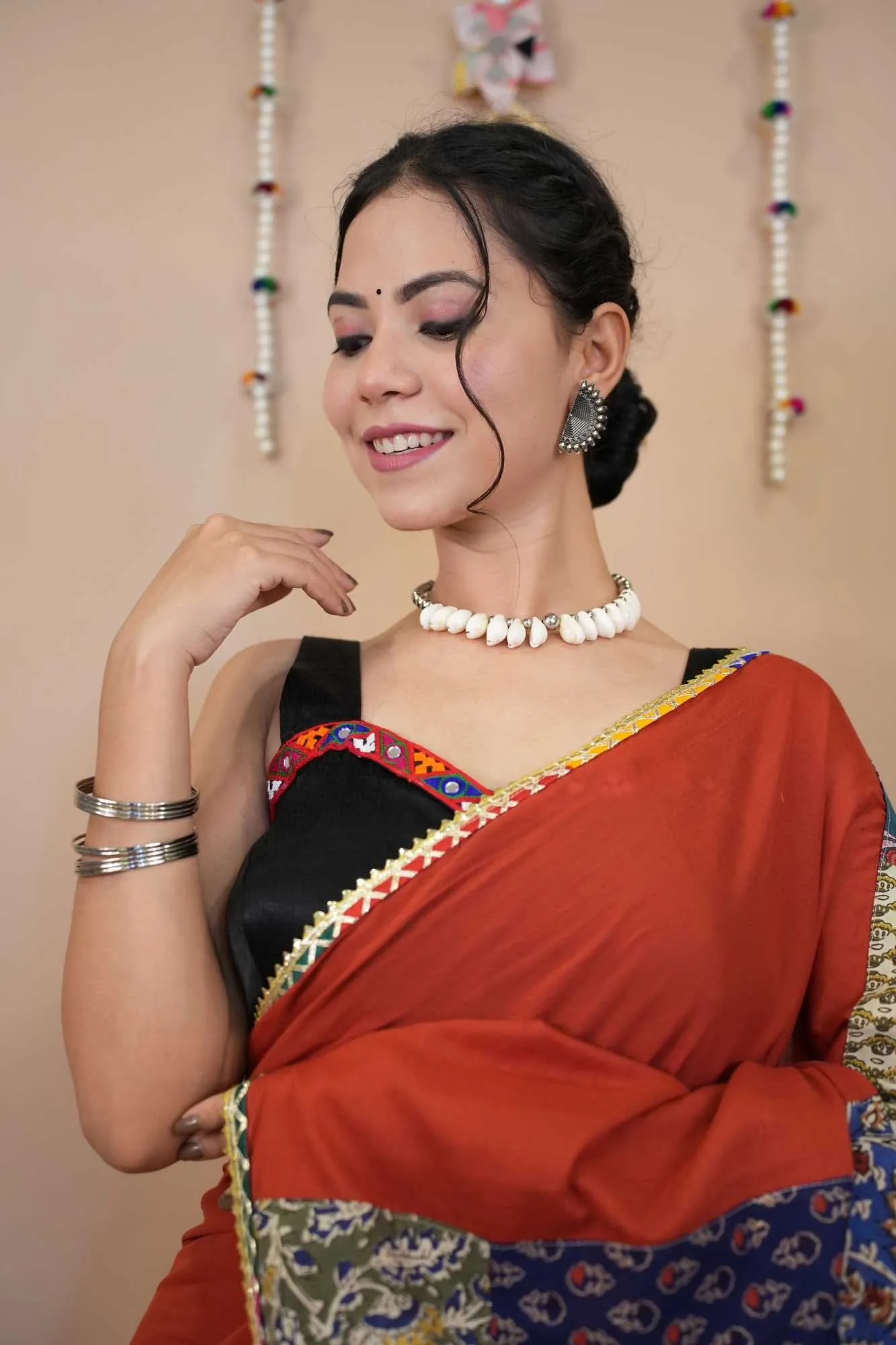 Designer Red Vibrant Patch Work Saree With Styles Tassels on  Pallu  Pure Cotton Ready To Wear Saree