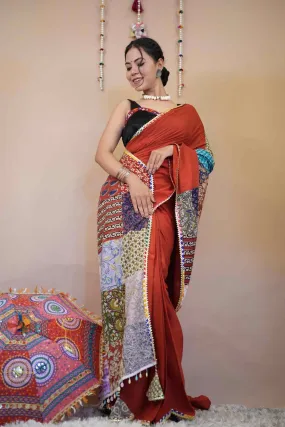 Designer Red Vibrant Patch Work Saree With Styles Tassels on  Pallu  Pure Cotton Ready To Wear Saree