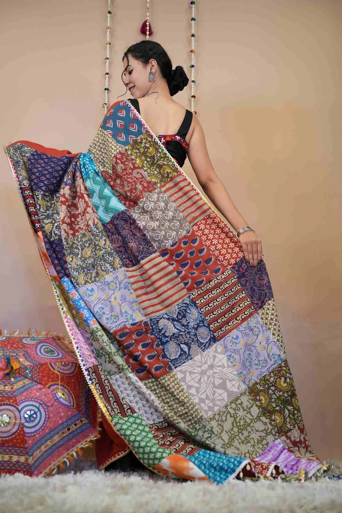 Designer Red Vibrant Patch Work Saree With Styles Tassels on  Pallu  Pure Cotton Ready To Wear Saree