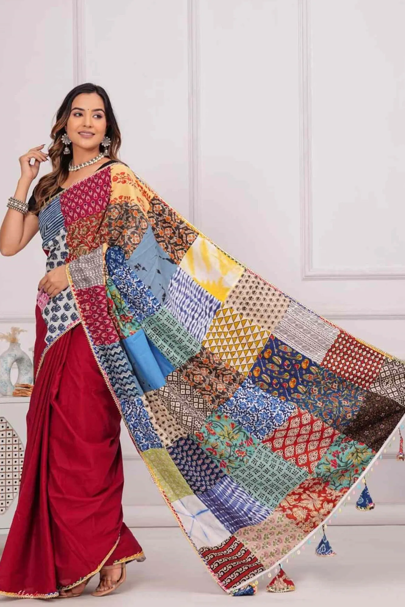 Designer Red Vibrant Patch Work Saree With Styles Tassels on  Pallu  Pure Cotton Ready To Wear Saree