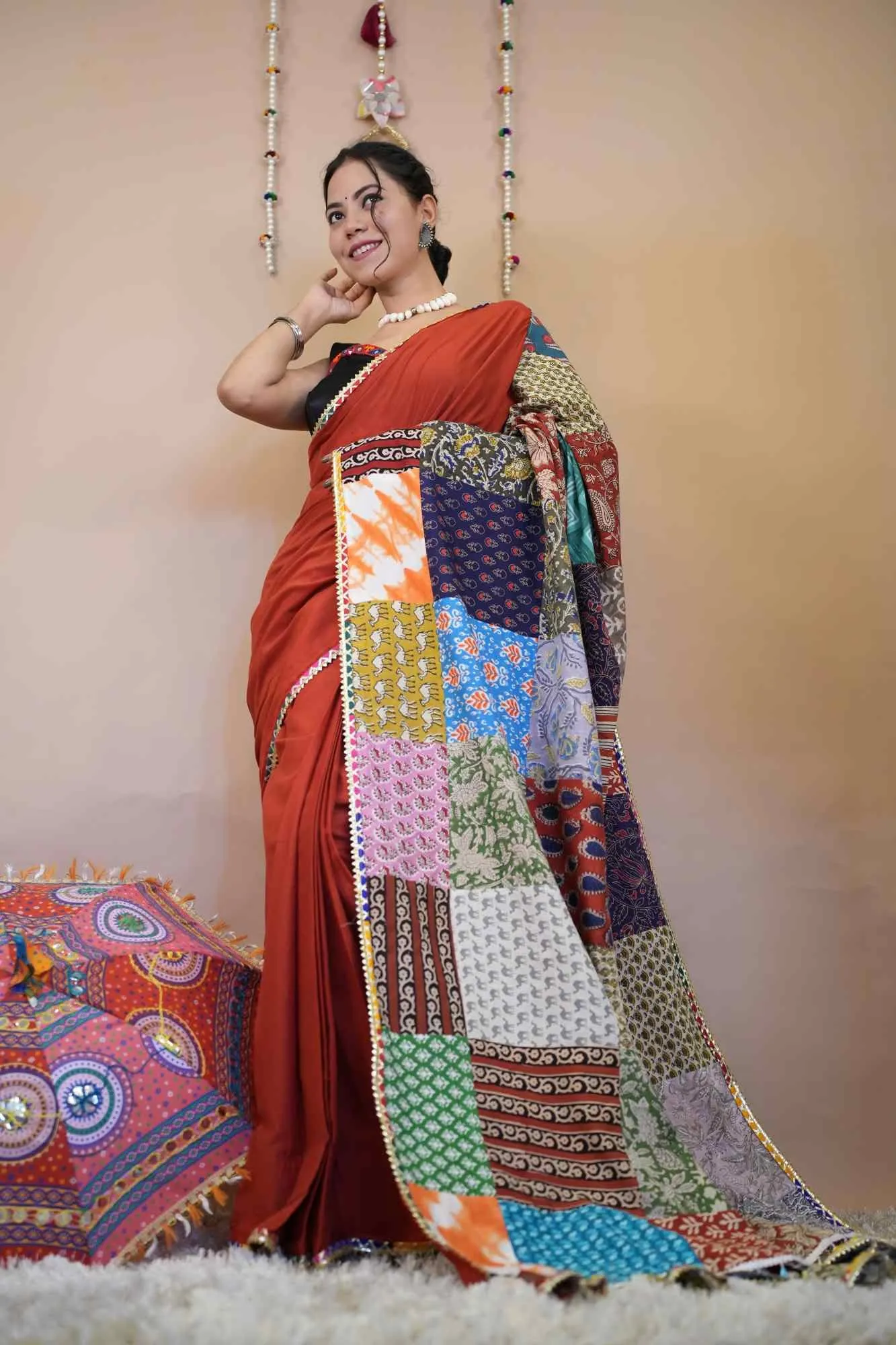 Designer Red Vibrant Patch Work Saree With Styles Tassels on  Pallu  Pure Cotton Ready To Wear Saree