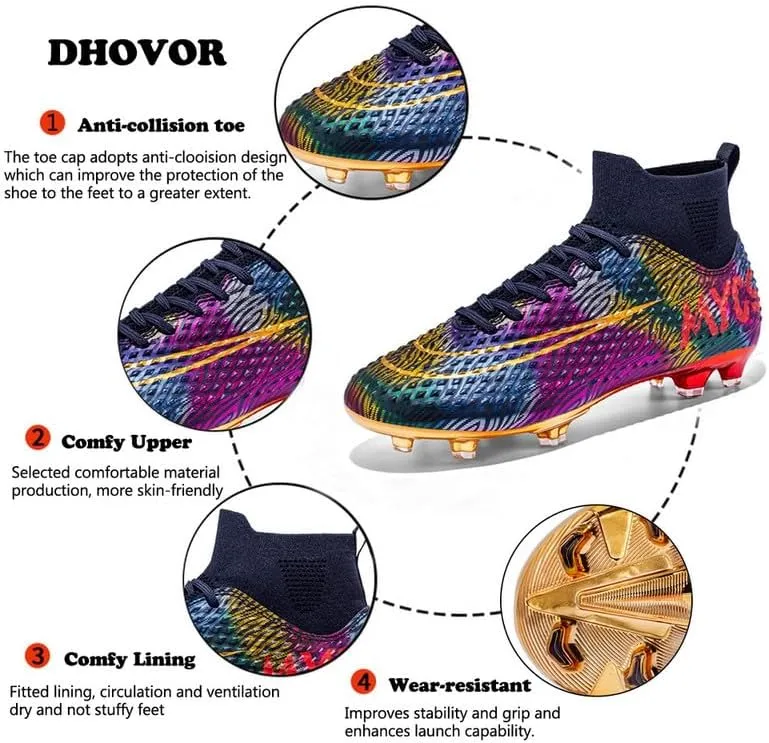 DHOVOR Boys Girls High-Top Soccer Cleats Youth Football Cleats Comfortable Indoor Soccer Shoes for Kids Outdoor/Indoor/Competition/Unisex