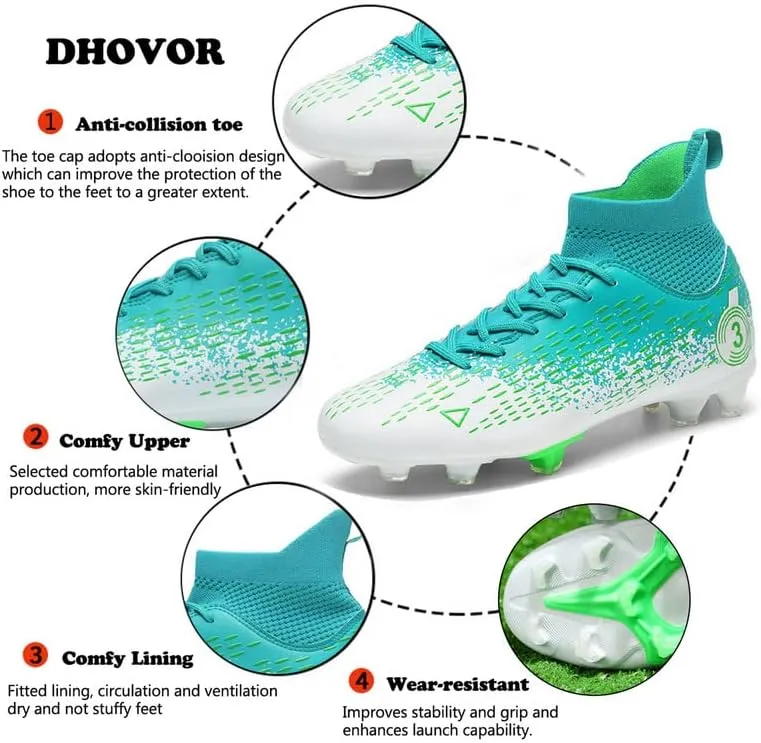 DHOVOR Boys Girls High-Top Soccer Cleats Youth Lightweight Professional Turf Football Cleats Unisex Non-Slip Indoor Soccer Shoes for Kids Outdoor/Indoor/Competition/Unisex