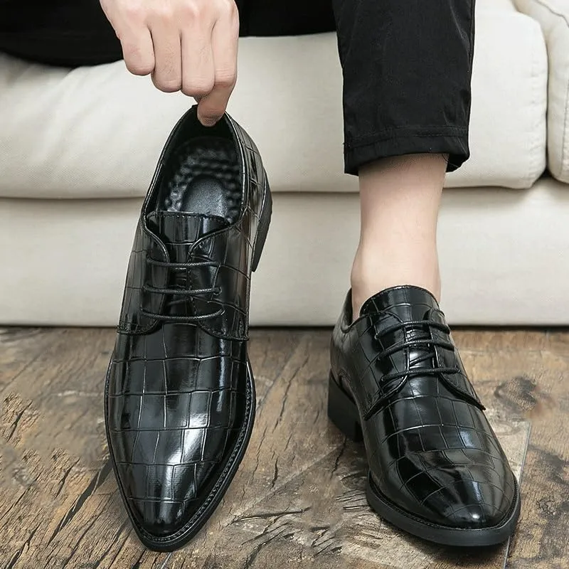 Fashion Mens Pointed Toe Leather Shoes Men's Business Dress Plaid Black Shoes Breathable Formal Wedding Shoes British Spring Casual Shoes