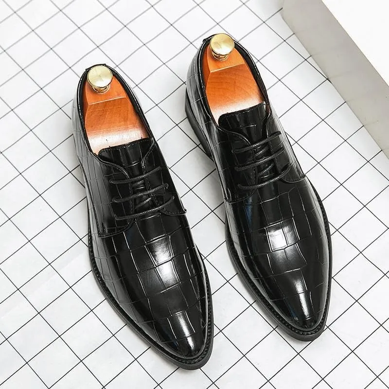 Fashion Mens Pointed Toe Leather Shoes Men's Business Dress Plaid Black Shoes Breathable Formal Wedding Shoes British Spring Casual Shoes
