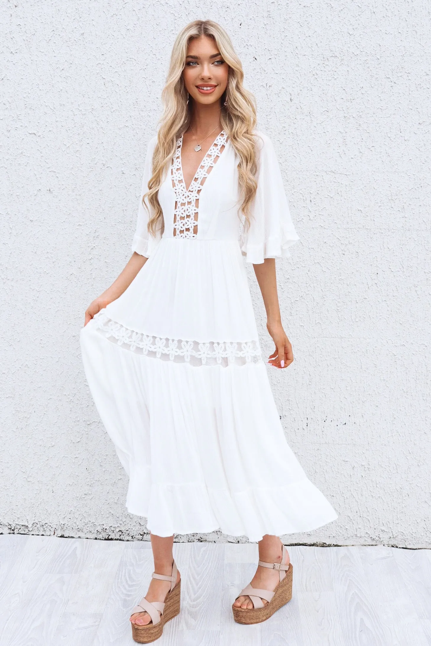 Flora Boho Midi Dress - White