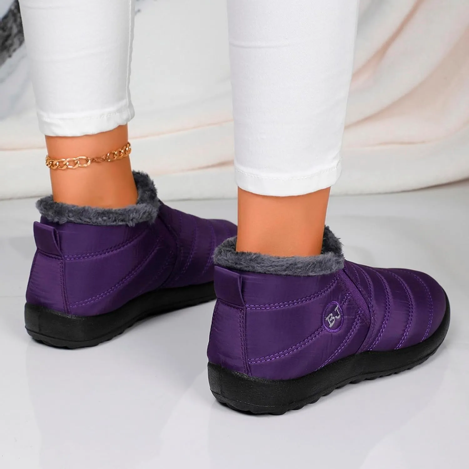 Fur Lined Ankle Boots Women Winter Warm Fleece Shoes Comfort Flat Booties Slip on Snow Booties Walking Boot