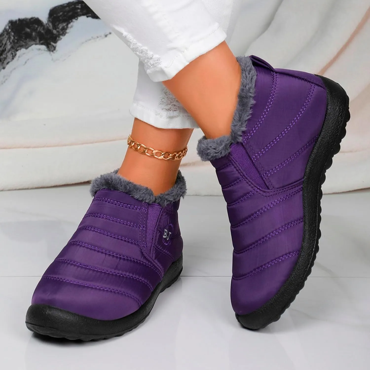 Fur Lined Ankle Boots Women Winter Warm Fleece Shoes Comfort Flat Booties Slip on Snow Booties Walking Boot