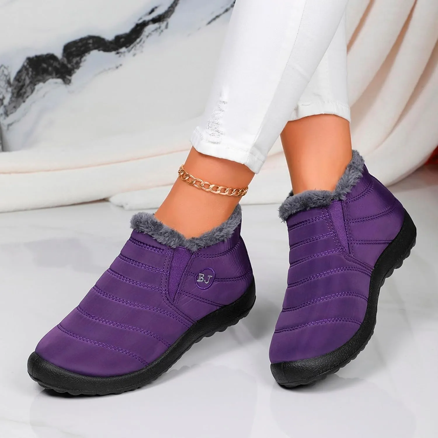 Fur Lined Ankle Boots Women Winter Warm Fleece Shoes Comfort Flat Booties Slip on Snow Booties Walking Boot