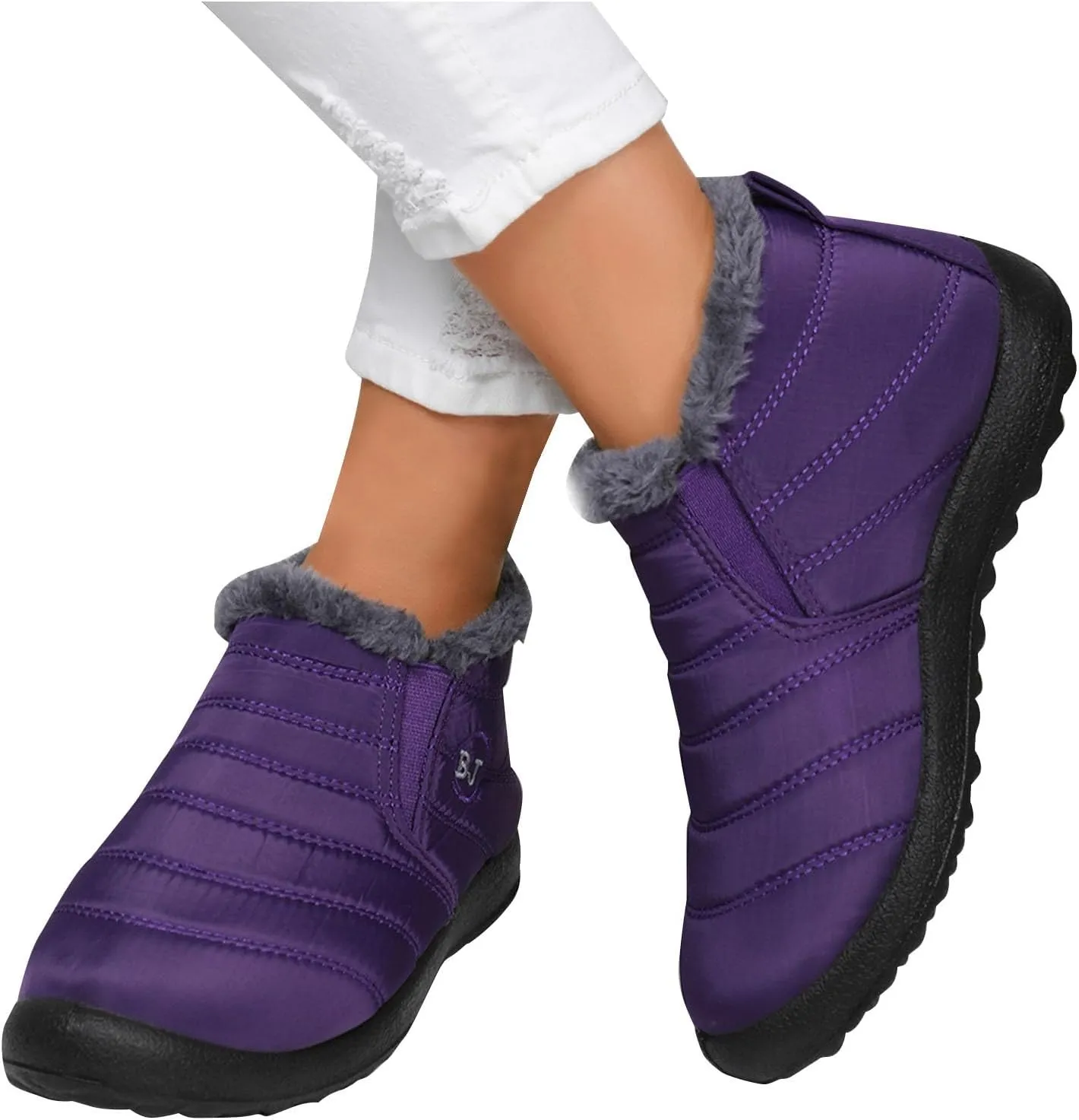 Fur Lined Ankle Boots Women Winter Warm Fleece Shoes Comfort Flat Booties Slip on Snow Booties Walking Boot