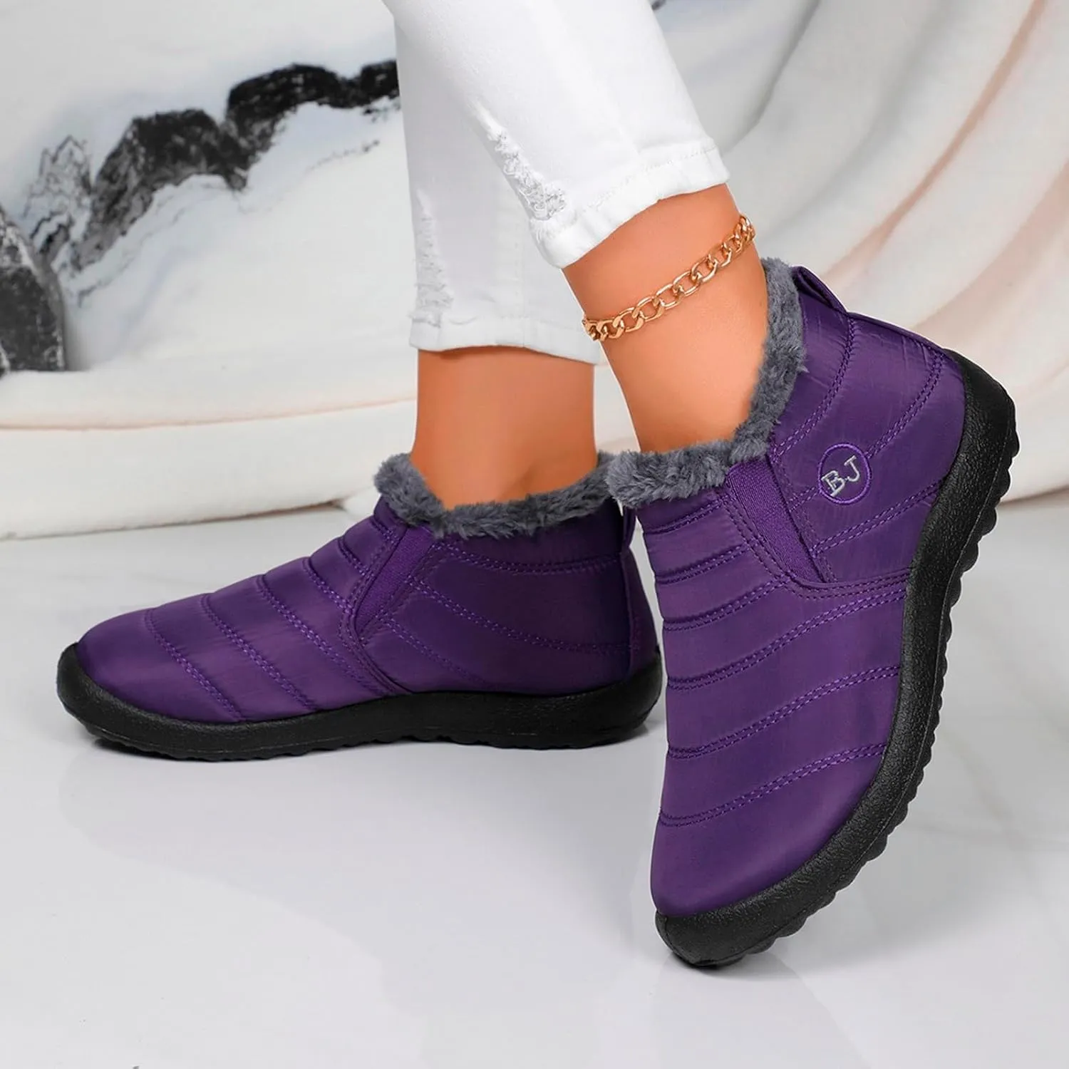 Fur Lined Ankle Boots Women Winter Warm Fleece Shoes Comfort Flat Booties Slip on Snow Booties Walking Boot