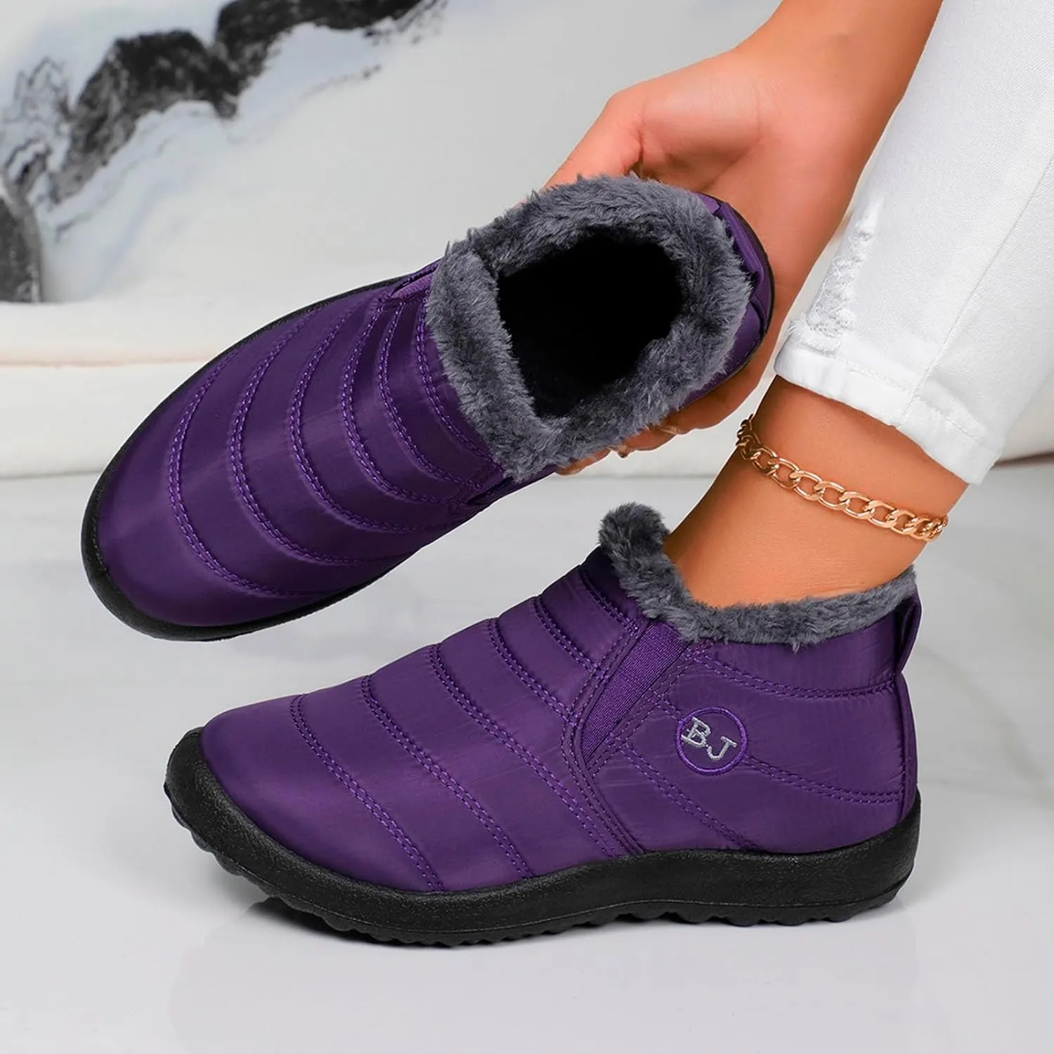 Fur Lined Ankle Boots Women Winter Warm Fleece Shoes Comfort Flat Booties Slip on Snow Booties Walking Boot