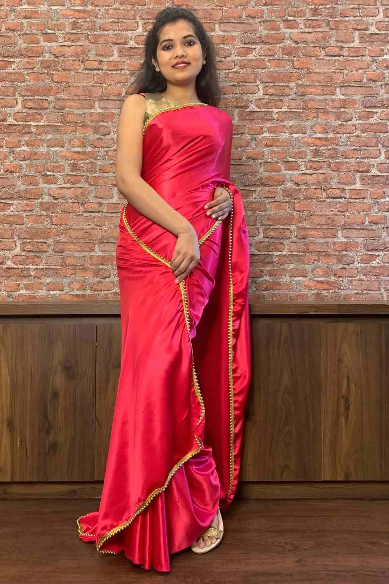 Fuschia Satin wrap in 1 minute saree with moti lace