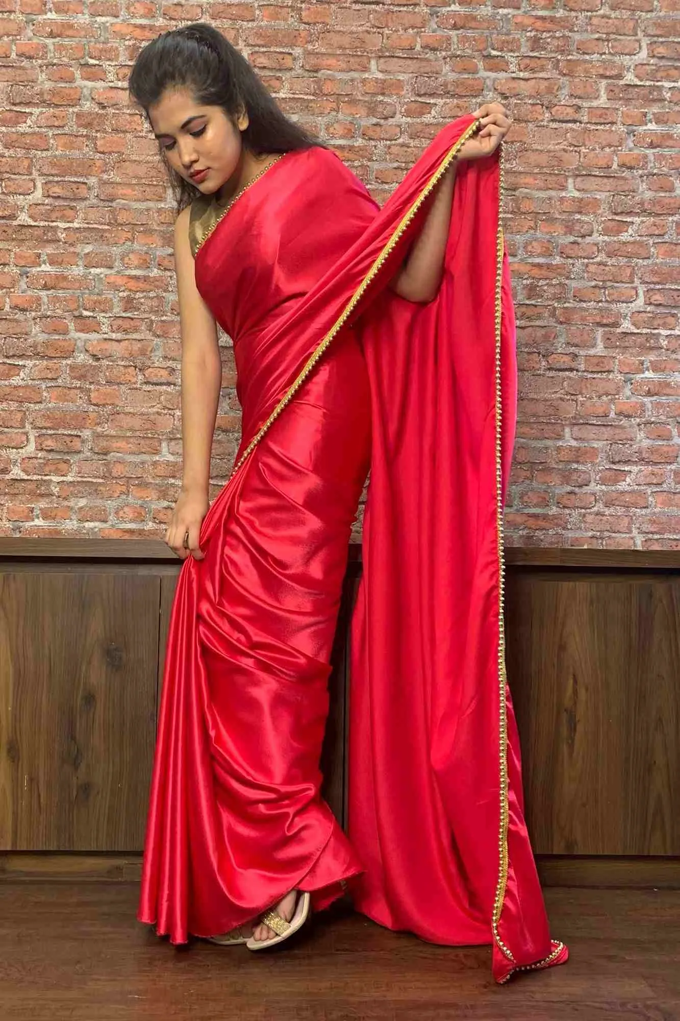Fuschia Satin wrap in 1 minute saree with moti lace