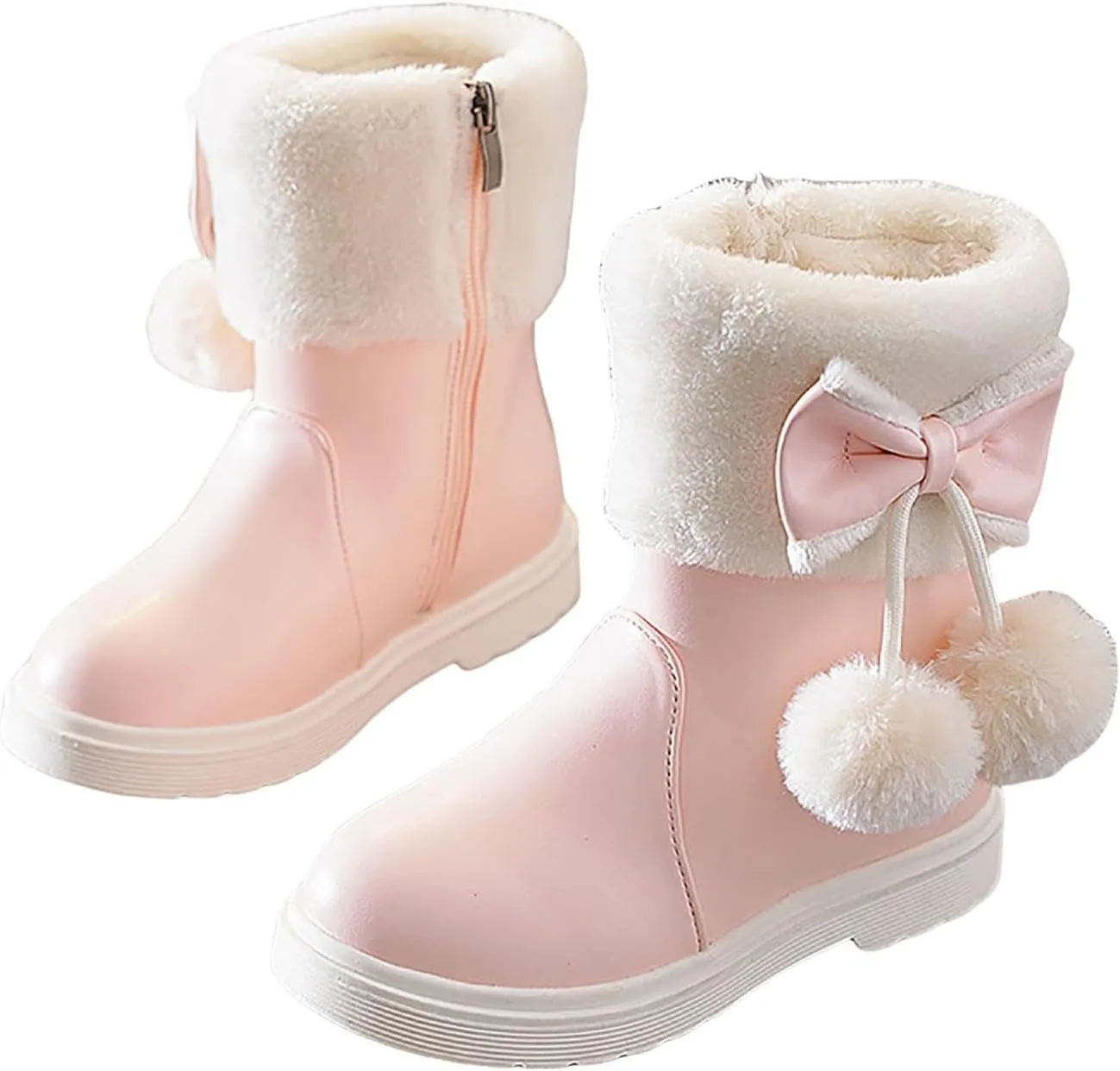 Girl's Winter Snow Boots Faux Fur Lined Mid Calf Shoes Cute Bowknot Fur Lining Warm Snow Boots