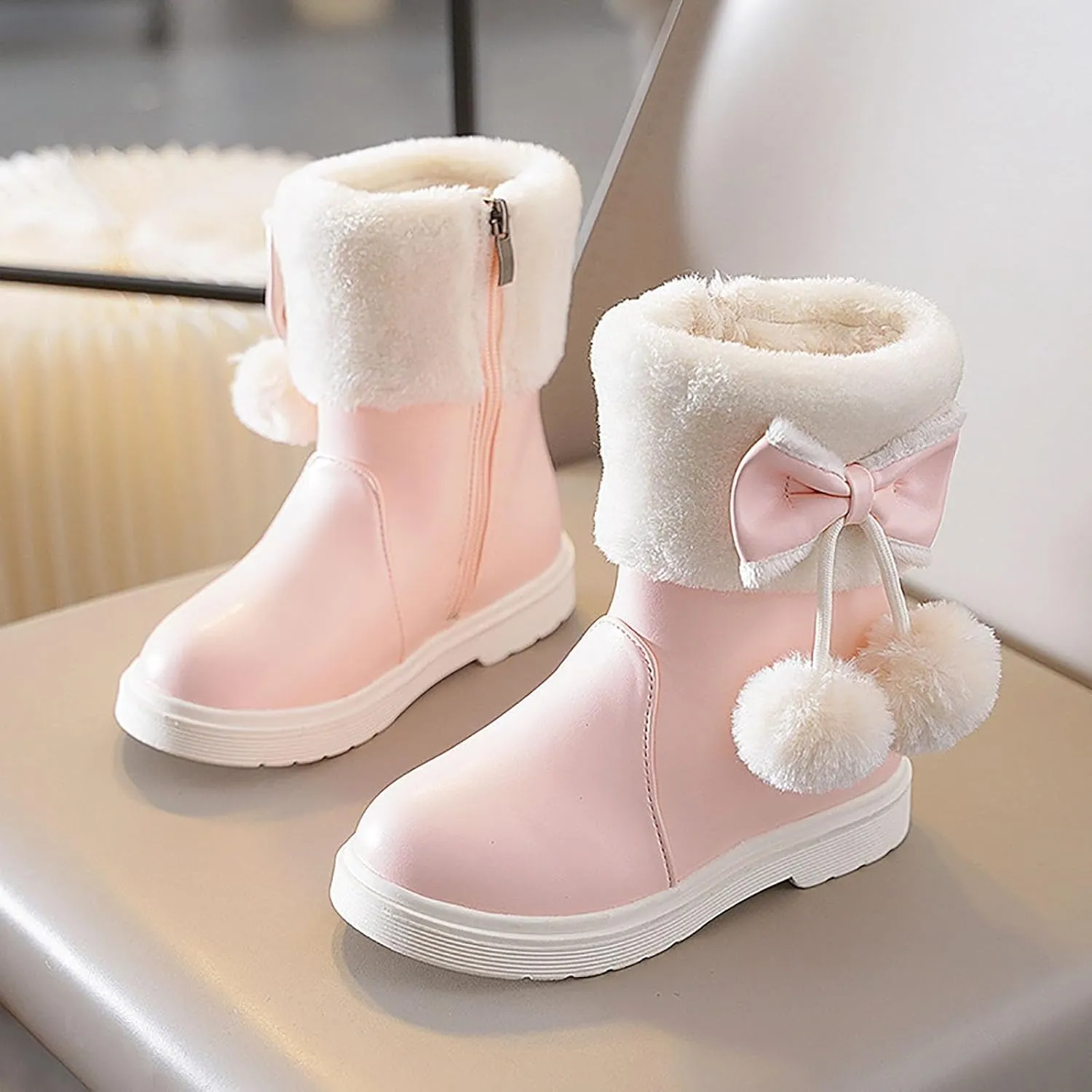Girl's Winter Snow Boots Faux Fur Lined Mid Calf Shoes Cute Bowknot Fur Lining Warm Snow Boots