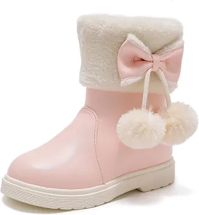 Girl's Winter Snow Boots Faux Fur Lined Mid Calf Shoes Cute Bowknot Fur Lining Warm Snow Boots