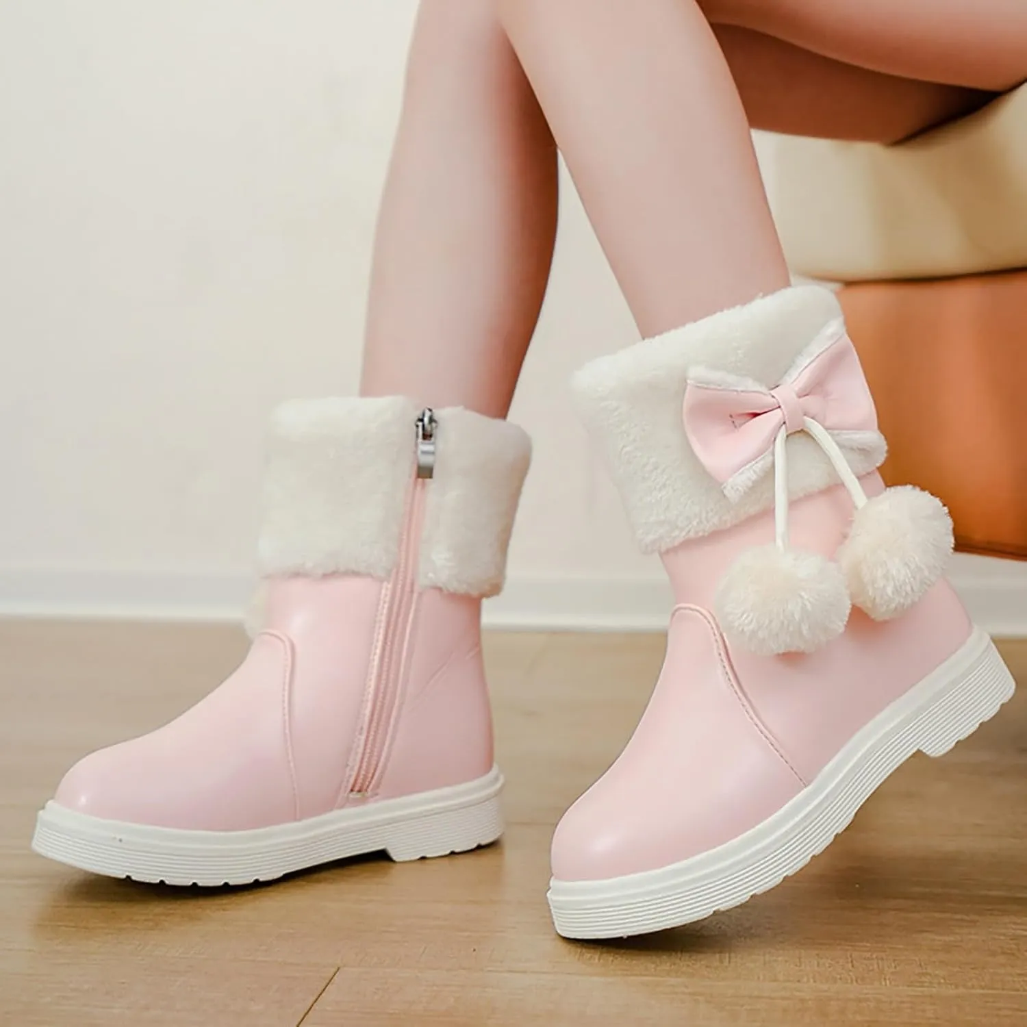 Girl's Winter Snow Boots Faux Fur Lined Mid Calf Shoes Cute Bowknot Fur Lining Warm Snow Boots