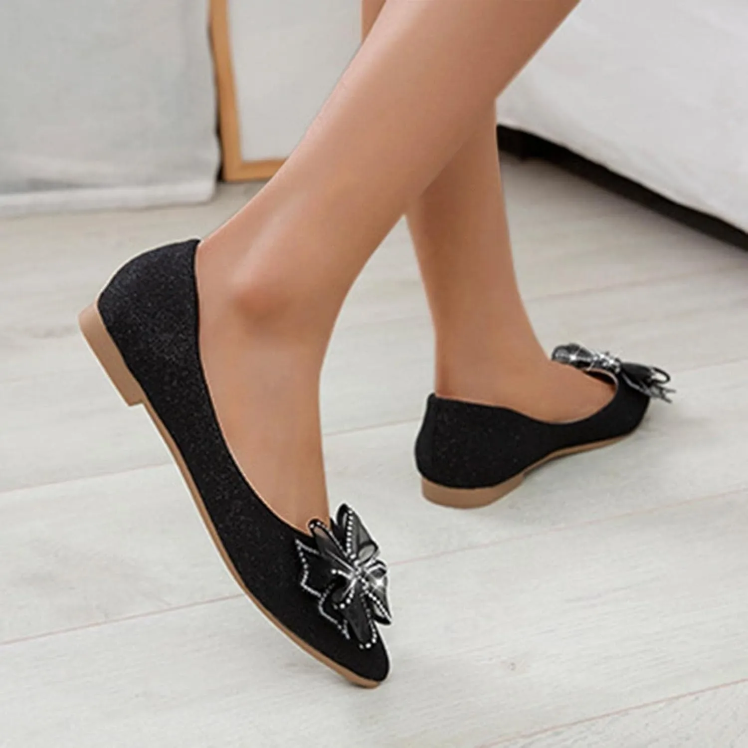 Hbeylia Mary Jane Shoes for Women Ladies Fashion Casual Glitter Rhinestone Butterfly Slip on Flat Ballet Flats Shoes Closed Pointed Toe Comfort Flats Dress Shoes for Wedding Black