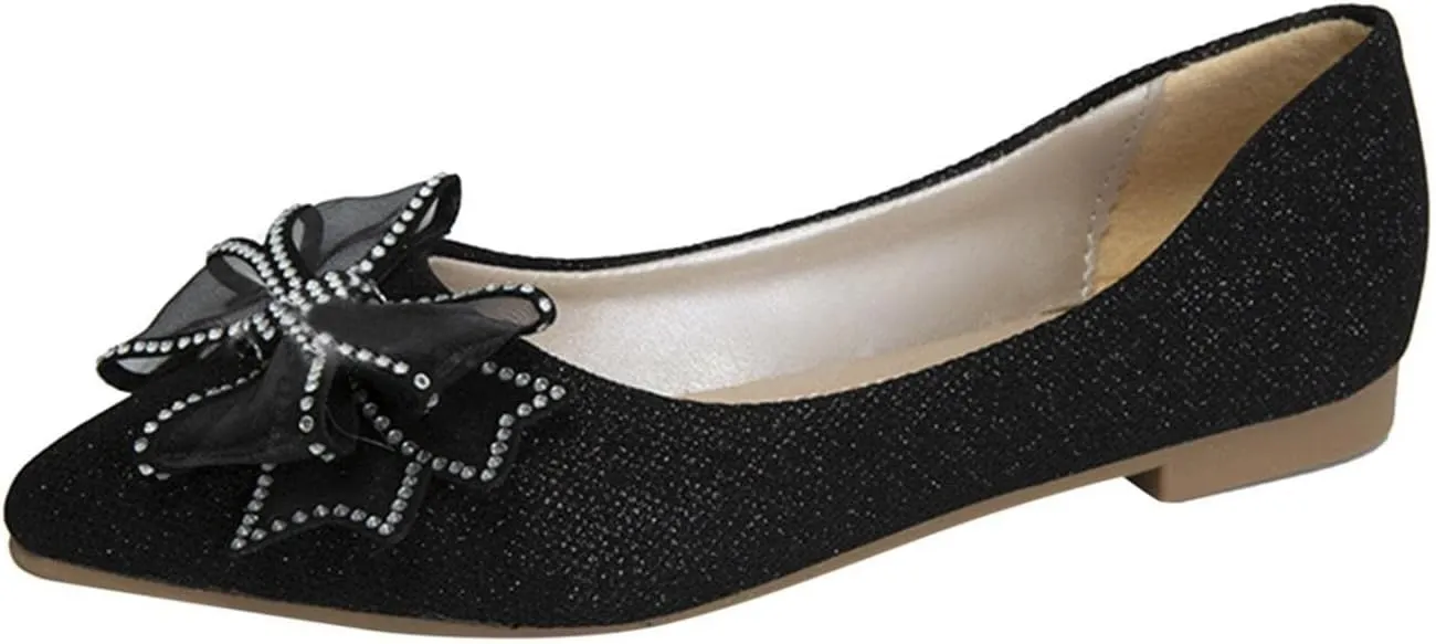 Hbeylia Mary Jane Shoes for Women Ladies Fashion Casual Glitter Rhinestone Butterfly Slip on Flat Ballet Flats Shoes Closed Pointed Toe Comfort Flats Dress Shoes for Wedding Black