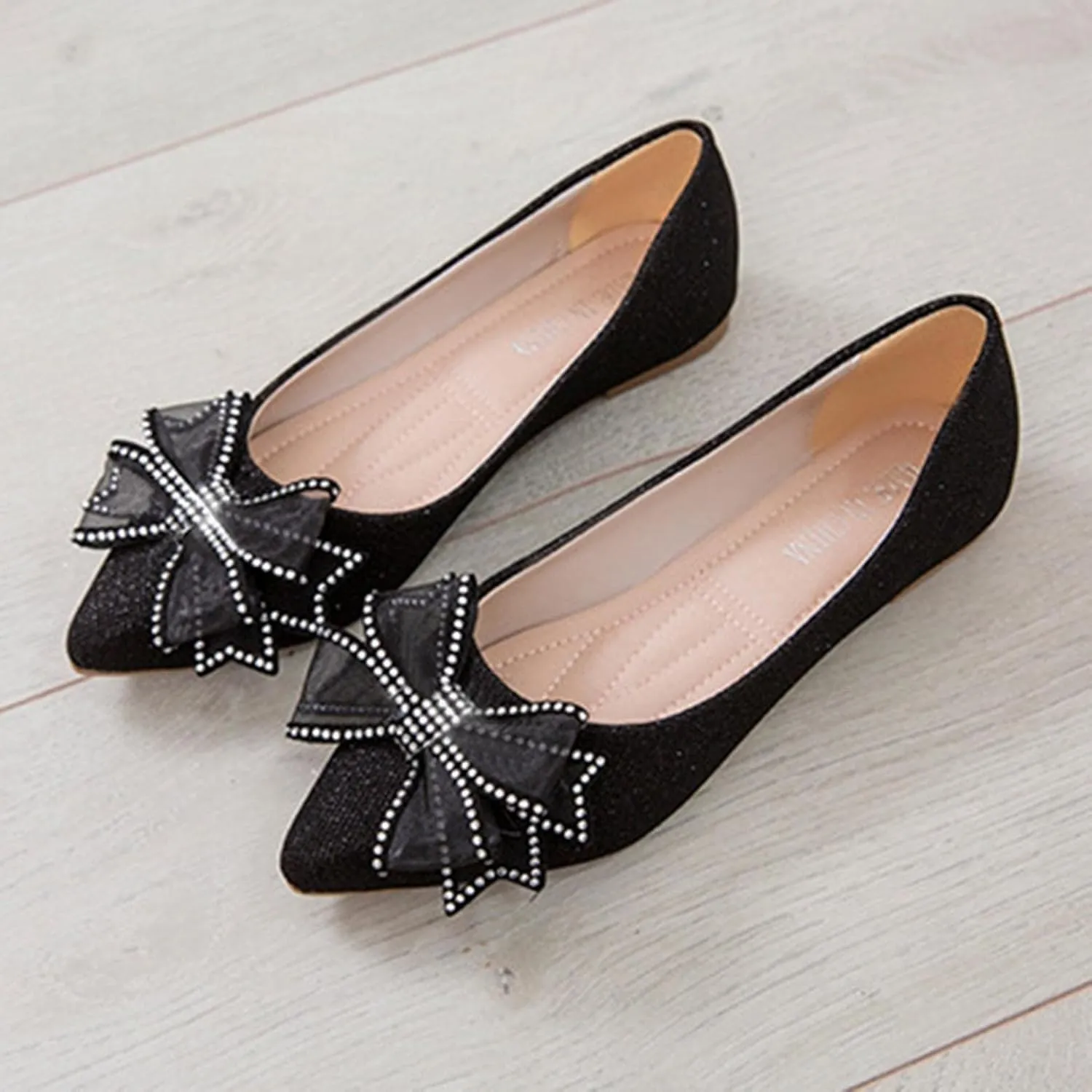 Hbeylia Mary Jane Shoes for Women Ladies Fashion Casual Glitter Rhinestone Butterfly Slip on Flat Ballet Flats Shoes Closed Pointed Toe Comfort Flats Dress Shoes for Wedding Black