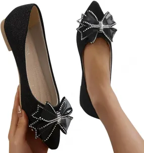 Hbeylia Mary Jane Shoes for Women Ladies Fashion Casual Glitter Rhinestone Butterfly Slip on Flat Ballet Flats Shoes Closed Pointed Toe Comfort Flats Dress Shoes for Wedding Black