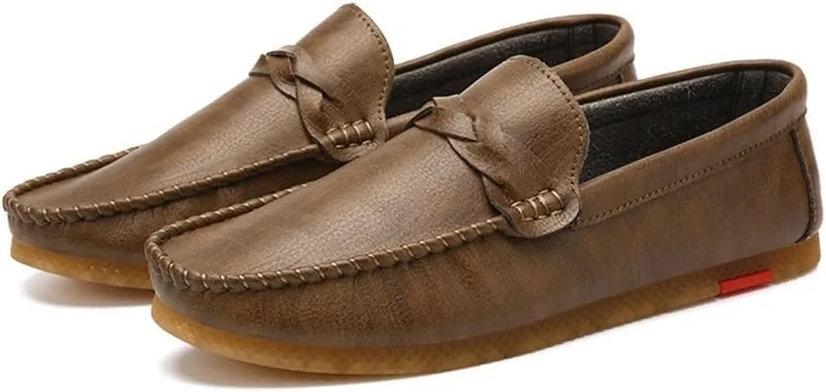 HOOENG Driving Moccasins for Men Vegan Leather Stitching Details Round Toe Rubber Sole Penny Loafer Resistant Anti-Slip Flat Heel Walking Slip On (Color : Brown, Size : 9)