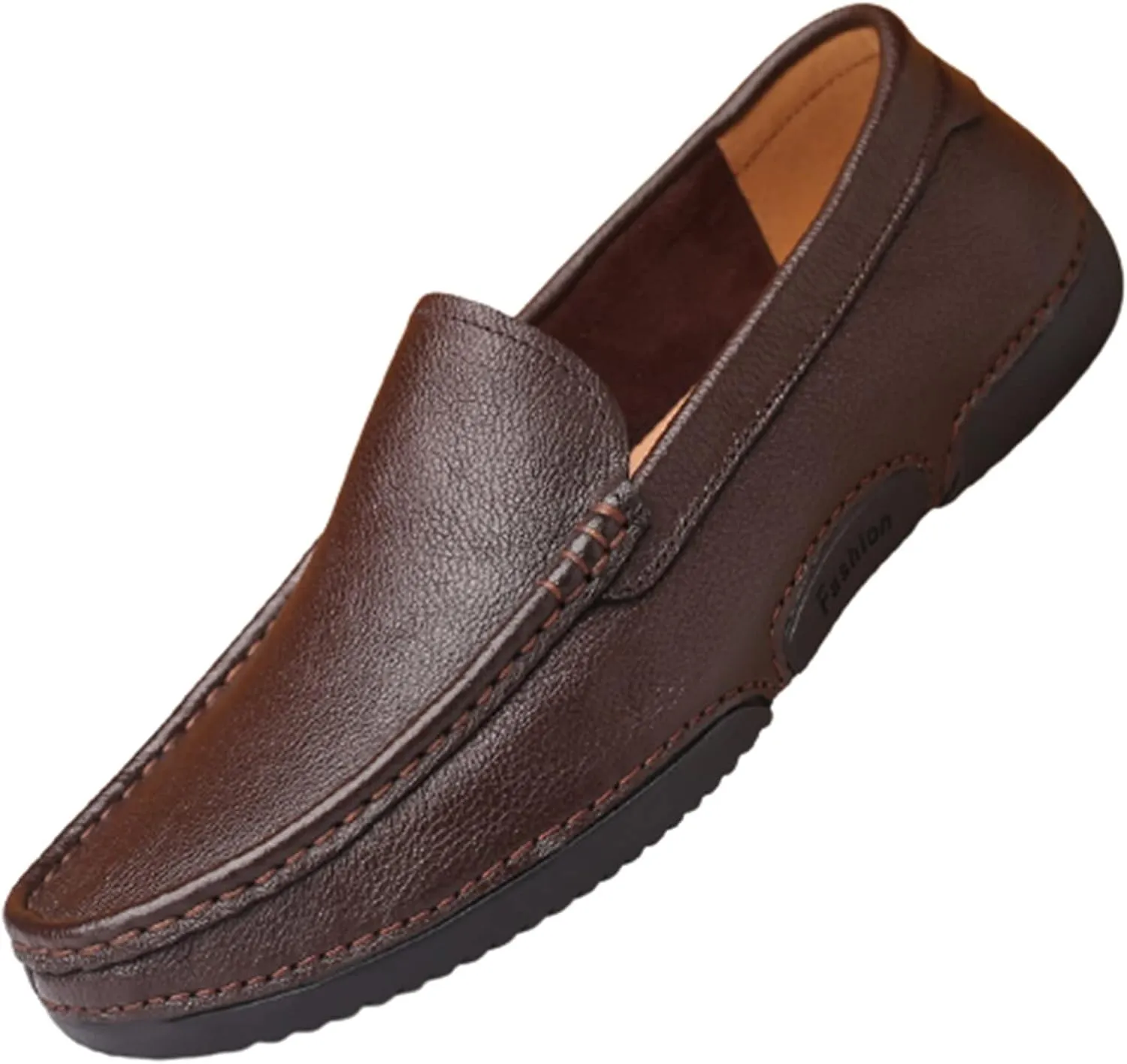 HOOENG Loafer Shoes for Men Genuine Leather Round Toe Stitching Details Soft Lightweight Flexible Anti-Slip Resistant Driving Slip on (Color : Brown, Size : 10)