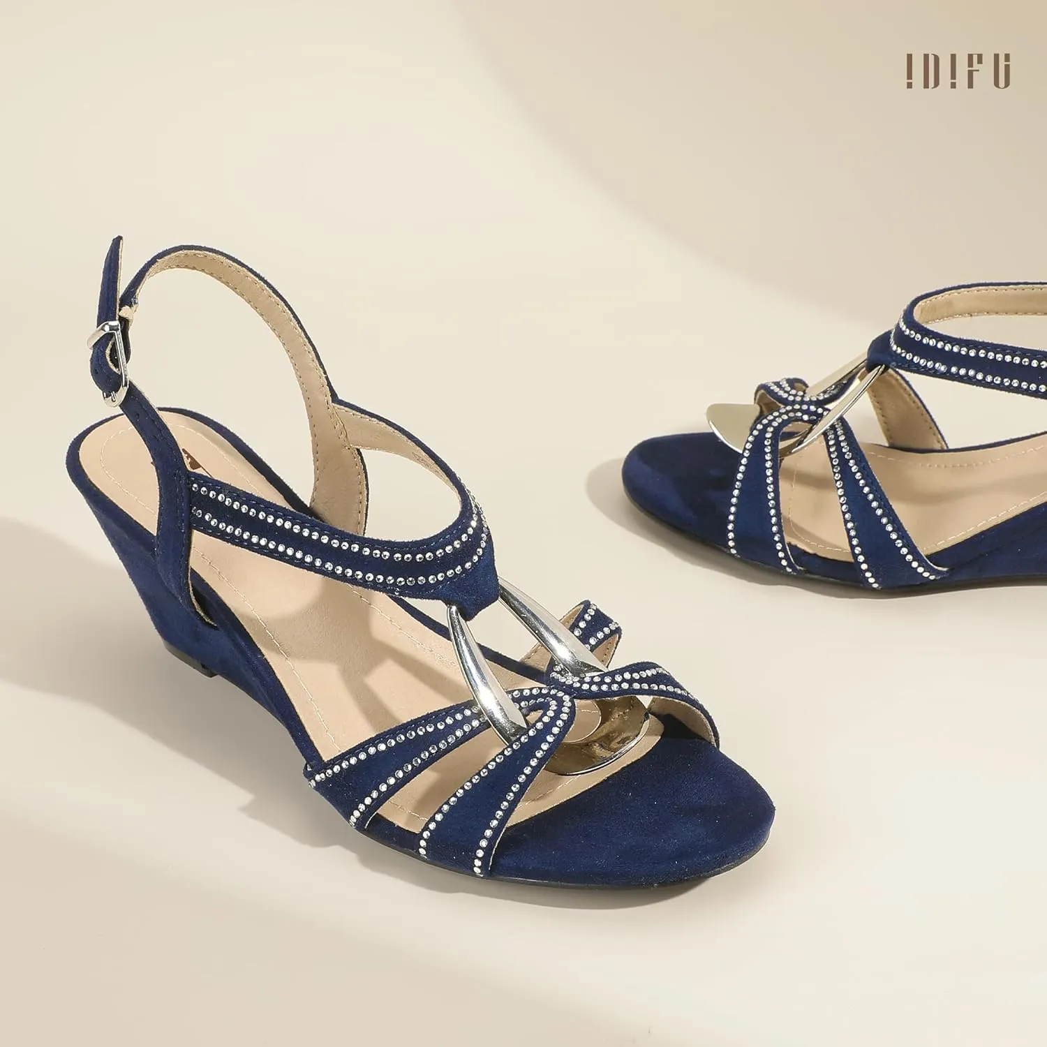 IDIFU IN2 Wedge Sandals Rhinestone Sparkly Strappy Wedge Heels with Mental Ring Comfortable Dressy Wedding Bridal Bride Party Dress Shoes for Women Low Heel Fashion Cute Bling Dress Sandals