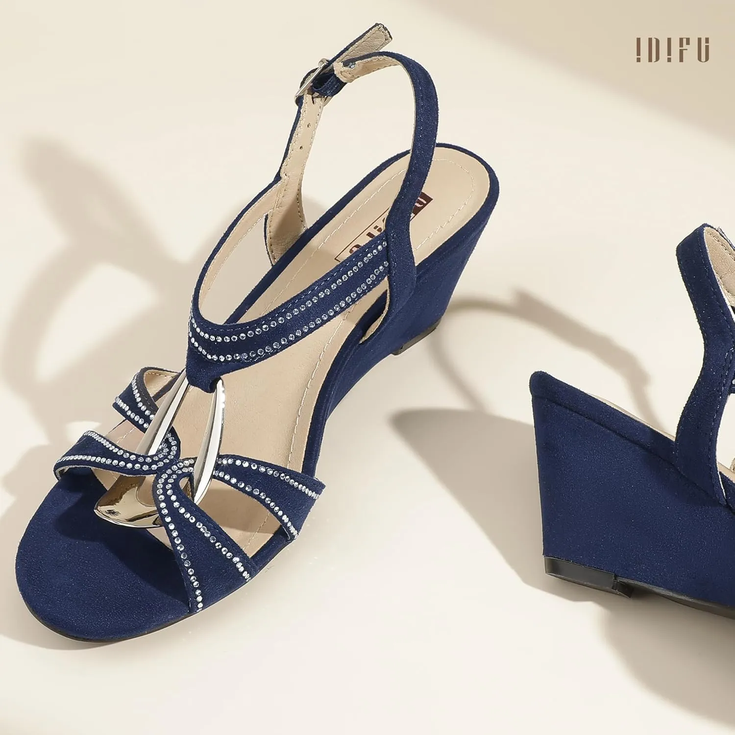 IDIFU IN2 Wedge Sandals Rhinestone Sparkly Strappy Wedge Heels with Mental Ring Comfortable Dressy Wedding Bridal Bride Party Dress Shoes for Women Low Heel Fashion Cute Bling Dress Sandals