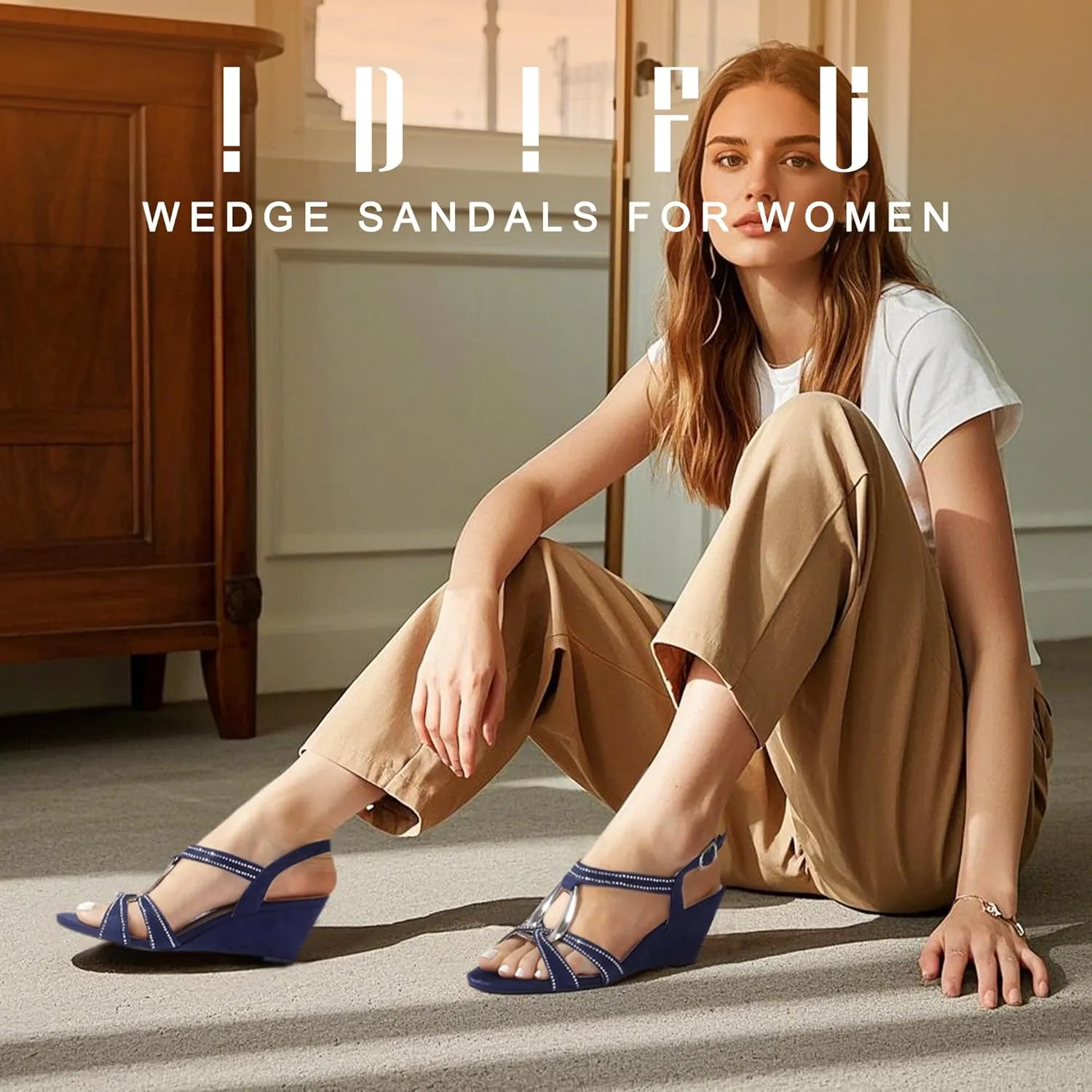 IDIFU IN2 Wedge Sandals Rhinestone Sparkly Strappy Wedge Heels with Mental Ring Comfortable Dressy Wedding Bridal Bride Party Dress Shoes for Women Low Heel Fashion Cute Bling Dress Sandals
