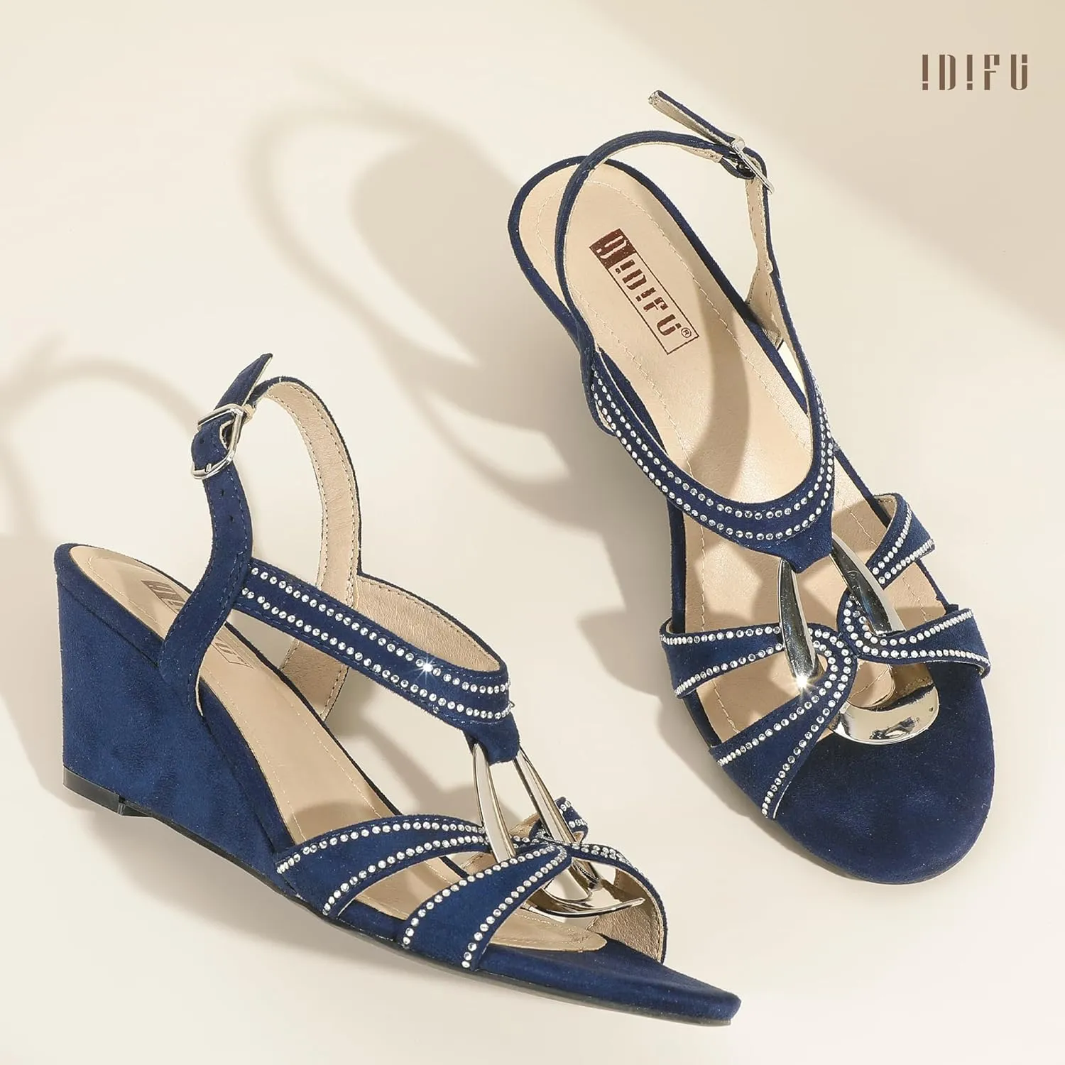 IDIFU IN2 Wedge Sandals Rhinestone Sparkly Strappy Wedge Heels with Mental Ring Comfortable Dressy Wedding Bridal Bride Party Dress Shoes for Women Low Heel Fashion Cute Bling Dress Sandals
