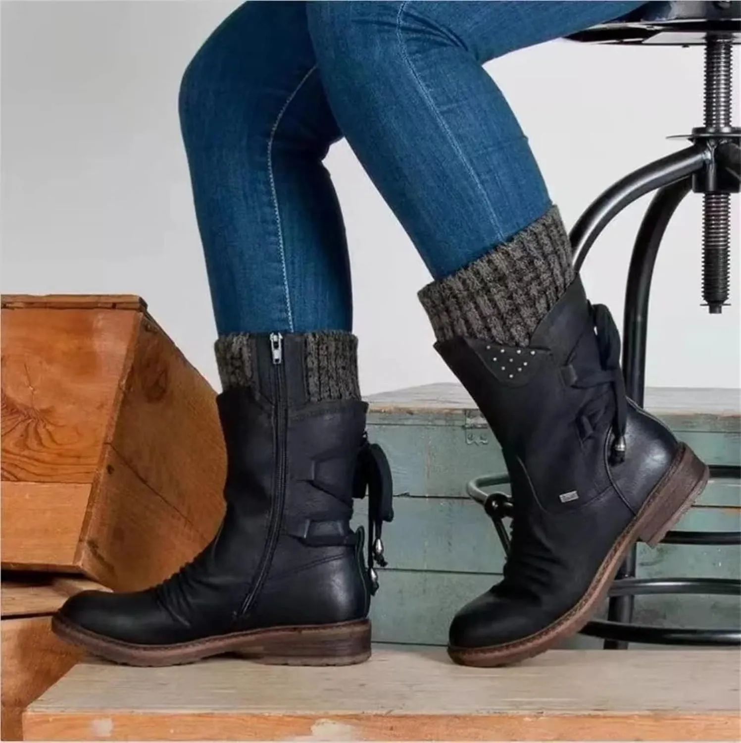Ladmiple Cowboy Boots For Women Wide Calf Knee High Fashion Western Pointed Toe Chunky Heel Side Zipper Cowgirl Boots