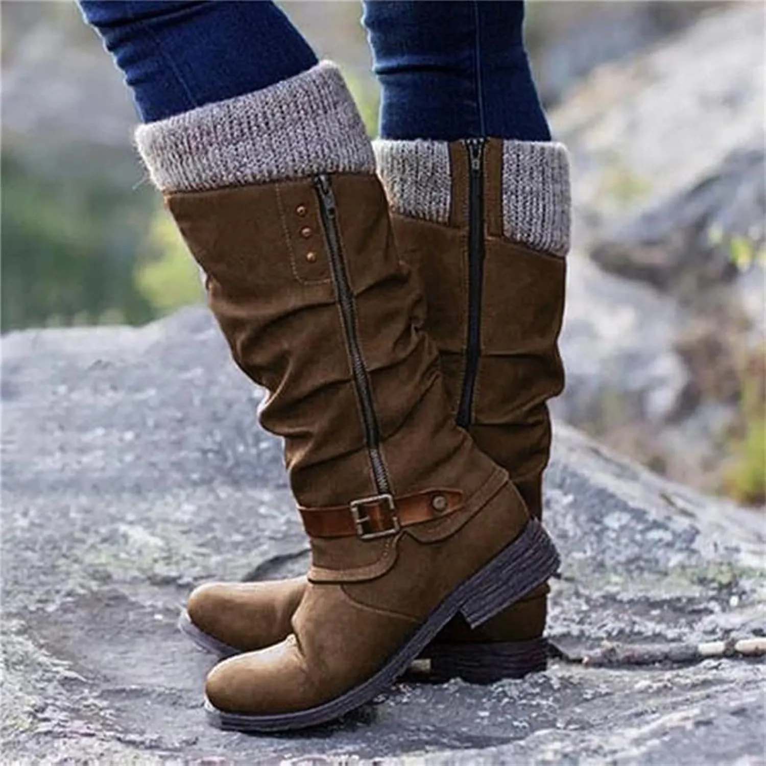 Lausiuoe Boots For Women Low Heel Mid Calf Platform Chunky Round-Toe Side Zip Wide Calf Western Winter Non Slip Outdoor Shoes