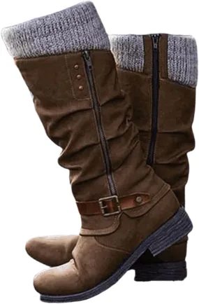 Lausiuoe Boots For Women Low Heel Mid Calf Platform Chunky Round-Toe Side Zip Wide Calf Western Winter Non Slip Outdoor Shoes