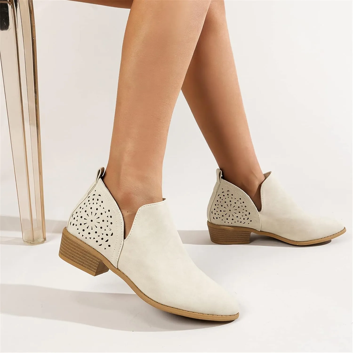 Lausiuoe Womens Boots Fall 2022 Comfortable Ankle Booties Slip on Cutout Low Heel Casual Dressy Wide Width Fashion Shoes