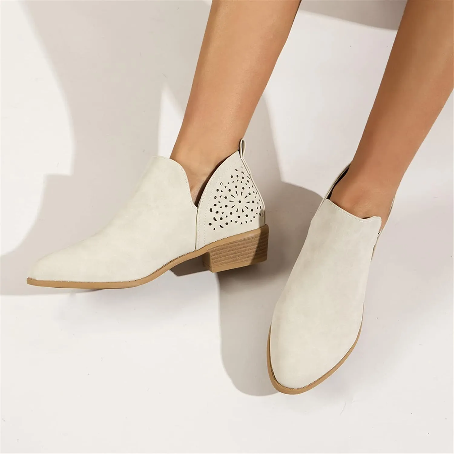 Lausiuoe Womens Boots Fall 2022 Comfortable Ankle Booties Slip on Cutout Low Heel Casual Dressy Wide Width Fashion Shoes