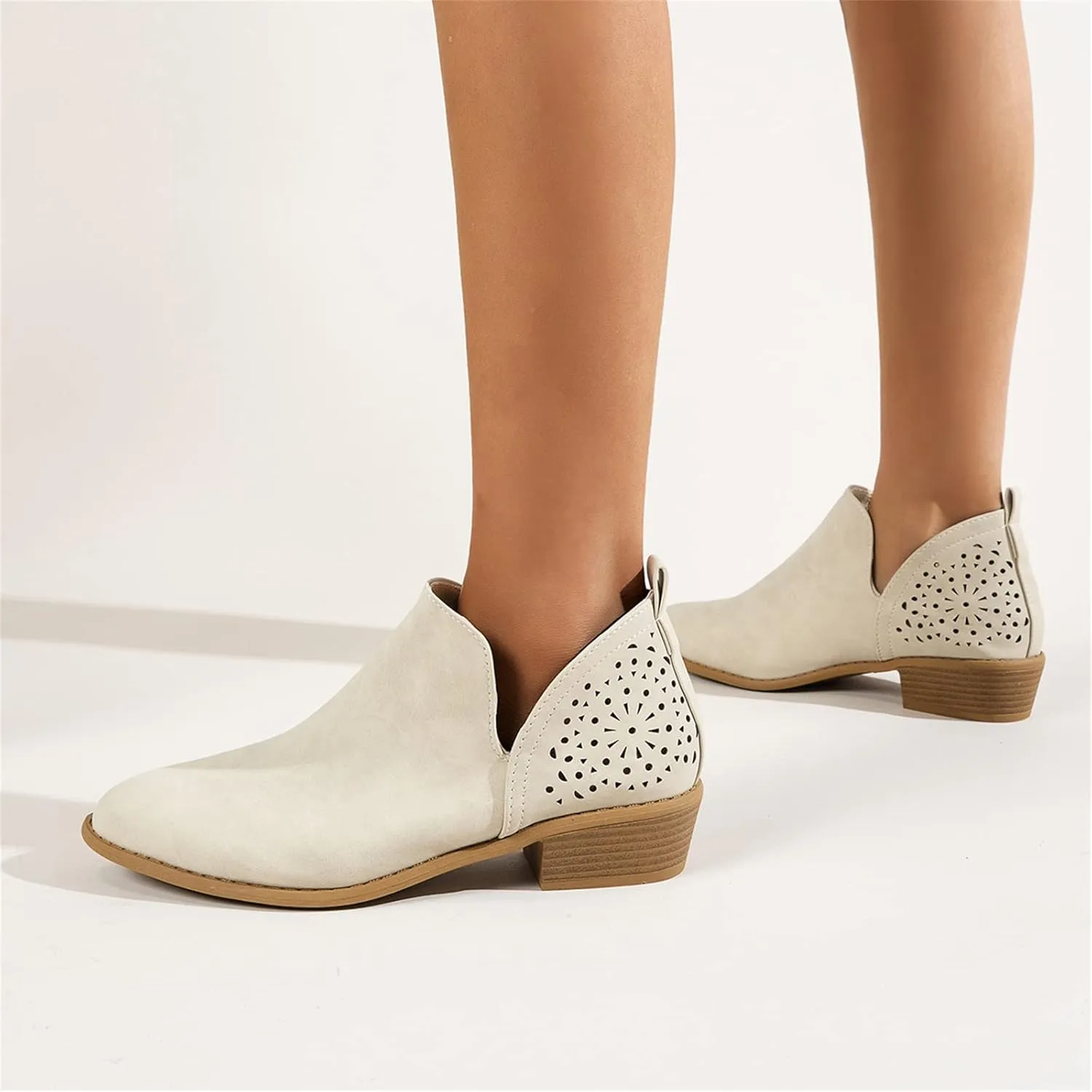 Lausiuoe Womens Boots Fall 2022 Comfortable Ankle Booties Slip on Cutout Low Heel Casual Dressy Wide Width Fashion Shoes