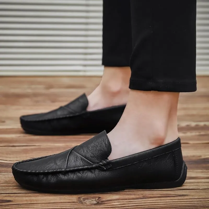 Men's Vegan Leather Loafers | Flexible Round Toe Slip-Ons with Stitching Details | Comfortable Anti-Slip Walking Shoes