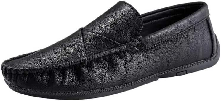 Men's Vegan Leather Loafers | Flexible Round Toe Slip-Ons with Stitching Details | Comfortable Anti-Slip Walking Shoes