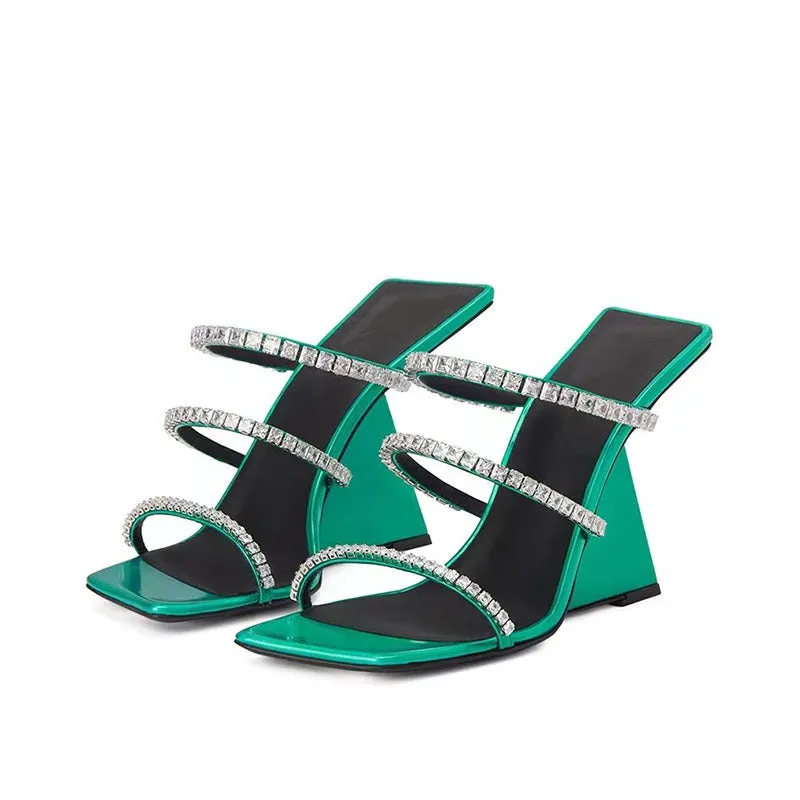 Rhinestone 3 Strap Mod Heel Slippers