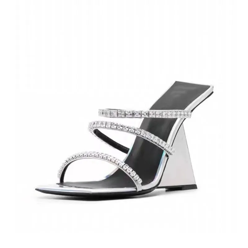 Rhinestone 3 Strap Mod Heel Slippers