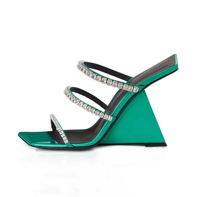 Rhinestone 3 Strap Mod Heel Slippers