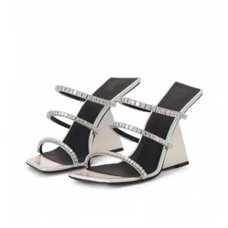 Rhinestone 3 Strap Mod Heel Slippers