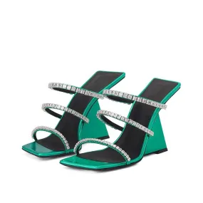 Rhinestone 3 Strap Mod Heel Slippers