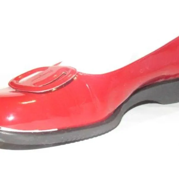 Salvatore Ferragamo Red Patent Leather Flats With An Extra Large Vara Accent