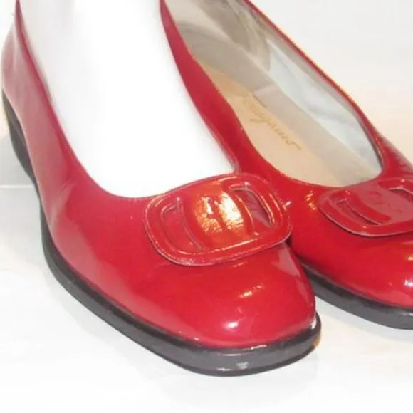 Salvatore Ferragamo Red Patent Leather Flats With An Extra Large Vara Accent