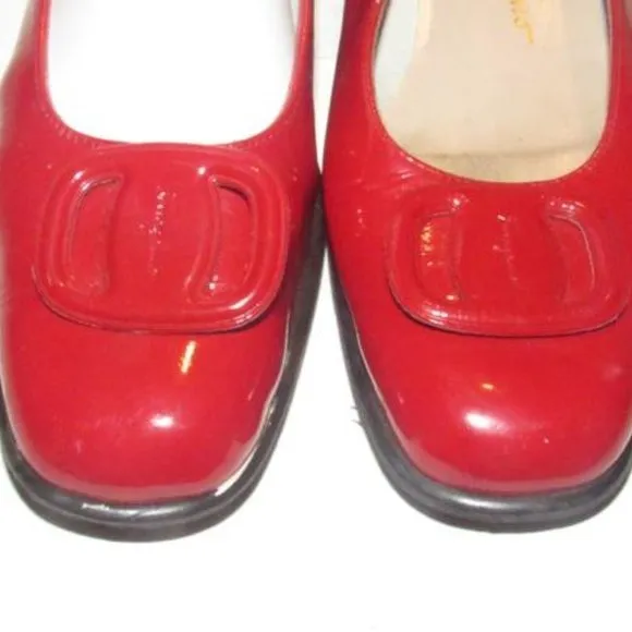 Salvatore Ferragamo Red Patent Leather Flats With An Extra Large Vara Accent