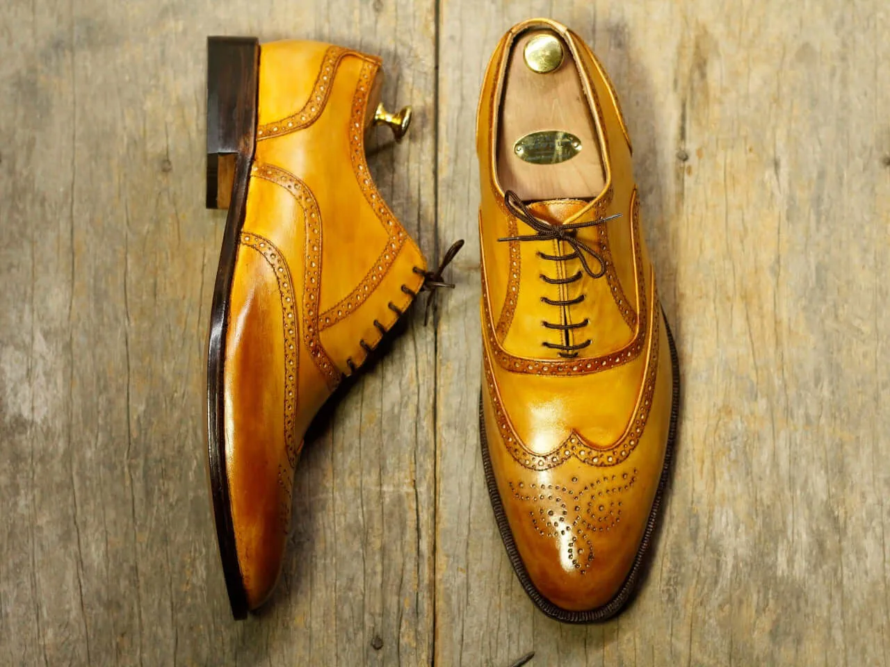 Stylish Handmade Men's Tan Wing Tip Brogue Leather Lace Up Formal Shoes, Men Designer Dress Shoes