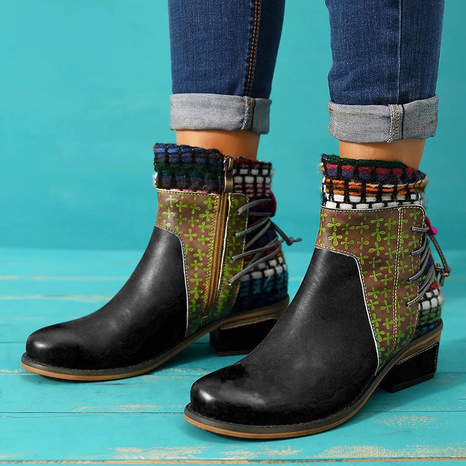 Vintage Ankle Boots for Women Leather Round Toe Back Lace Up Booties Side Zipper Chunky Block Low Heels Boots